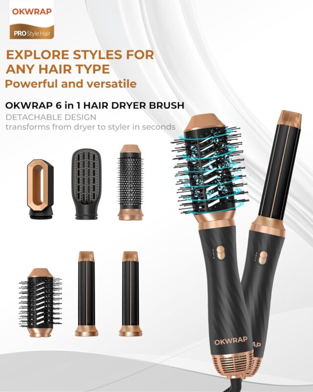 6 in 1 Hair Styler, Air Styler Set, Hair Dryer Brush with Curl, Straighten, Volumise, Smooth and Hairdryer Brushes for Styling