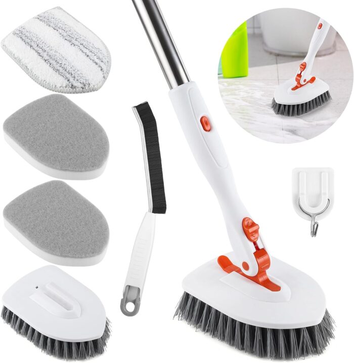 Bathroom Tile Cleaner Shower Scrubber Cleaning Brush, 3 in 1 52 Inch Long Handle Scrubbing Brush with Locked Head