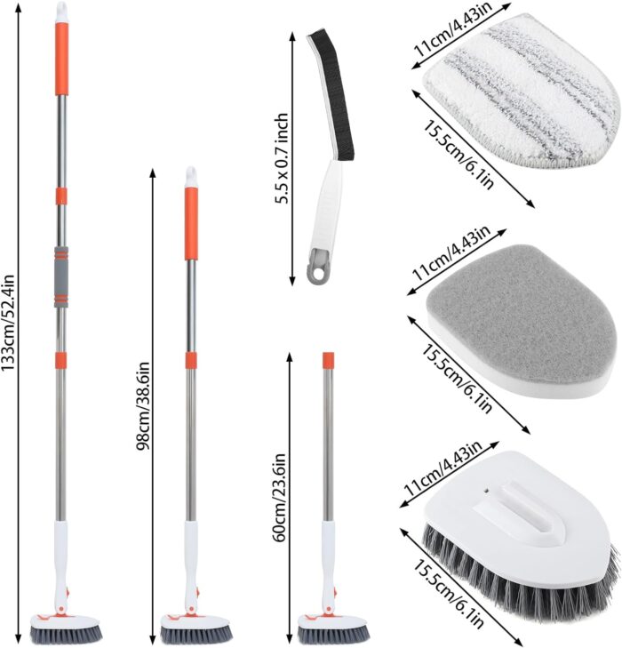 Bathroom Tile Cleaner Shower Scrubber Cleaning Brush, 3 in 1 52 Inch Long Handle Scrubbing Brush with Locked Head