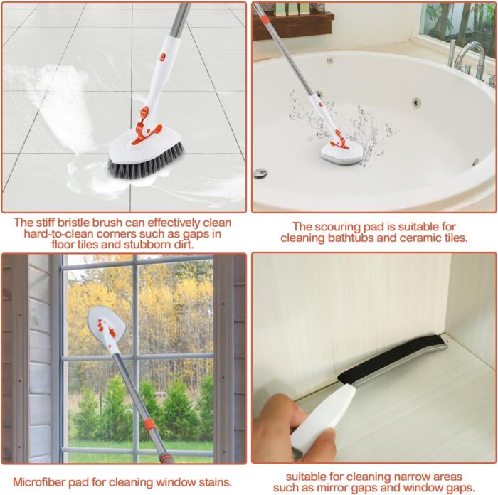 Bathroom Tile Cleaner Shower Scrubber Cleaning Brush, 3 in 1 52 Inch Long Handle Scrubbing Brush with Locked Head