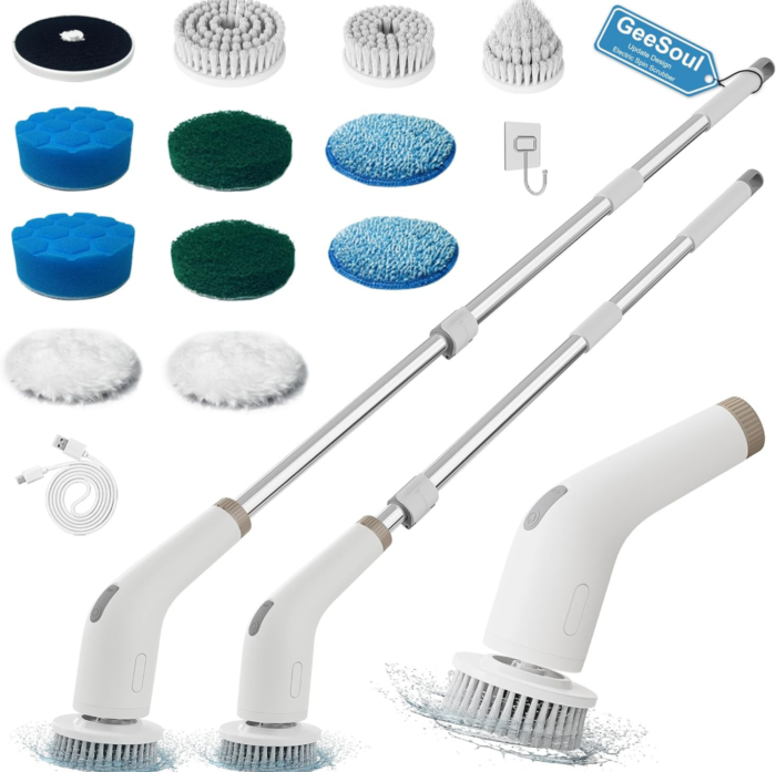 GeeSoul Electric Spin Scrubber, 13 in 1 Electric Cleaning Brush, Large Power with 2 Adjustable Speeds, Shower Cleaner Brush for Bathroom