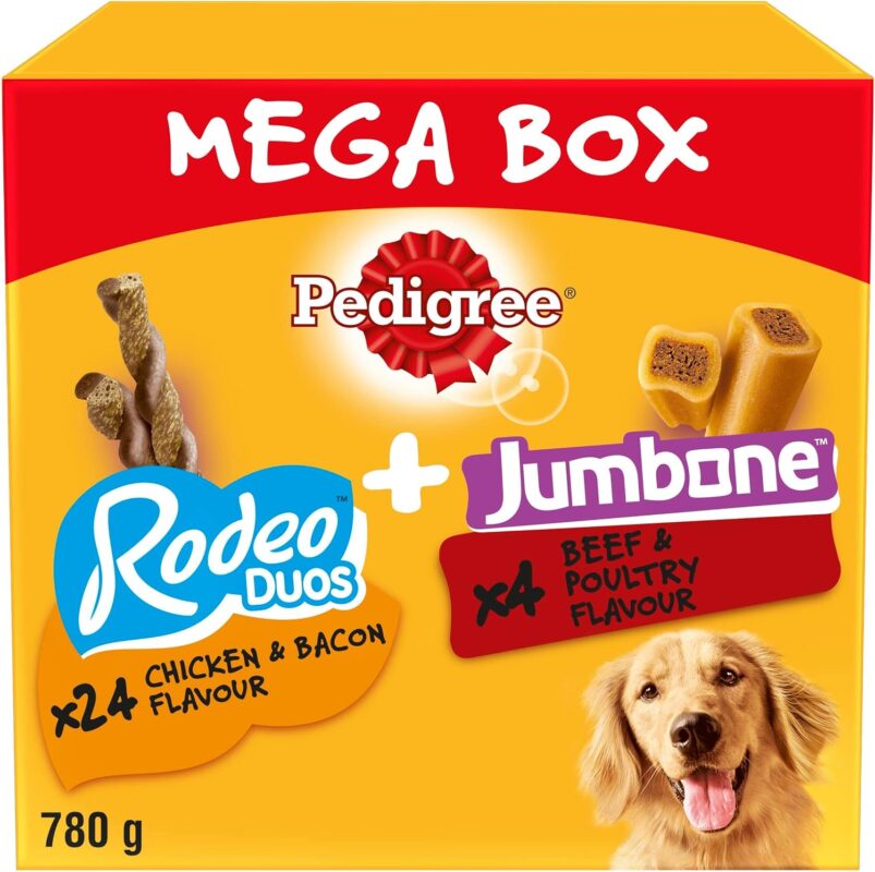 Pedigree Multipack with 24 Rodeo Duos Chicken and Bacon Flavour and 4 Jumbone Beef and Poultry Flavour