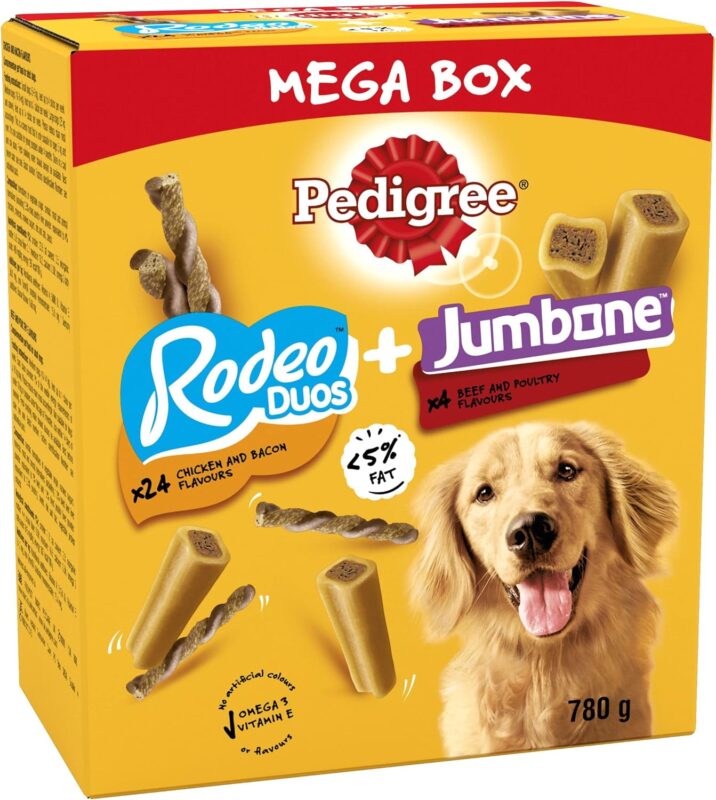 Pedigree Multipack with 24 Rodeo Duos Chicken and Bacon Flavour and 4 Jumbone Beef and Poultry Flavour