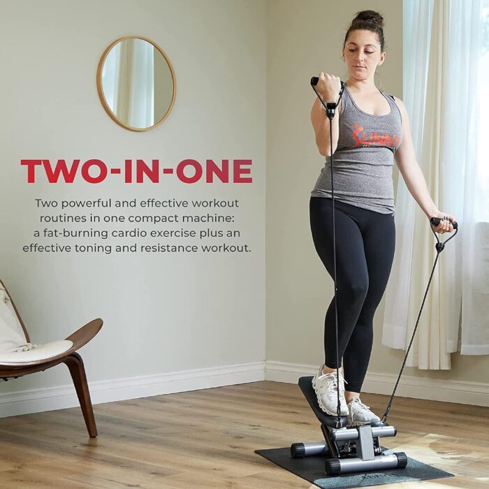 Sunny Health & Fitness Mini Stepper for Exercise Low-Impact Stair Step Cardio Equipment with Resistance Bands