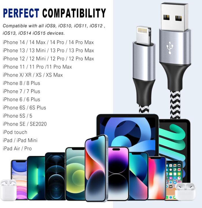 iPhone Charger Cable 1.8M 3Pack, Apple Charger Cable MFi Certified Lightning Cable Nylon Braid iPhone Cable Fast Charging Compatible